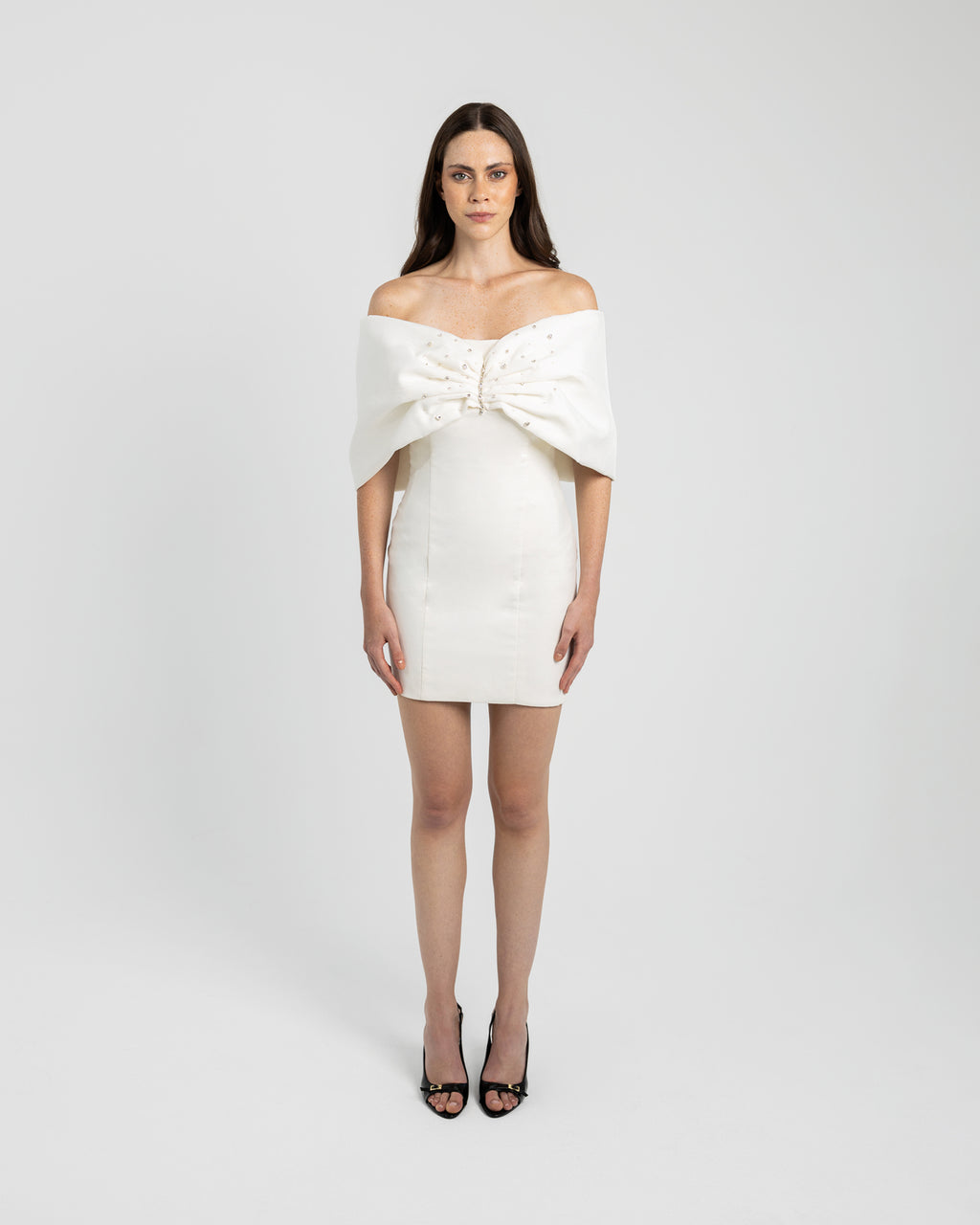 WHITE BEADED FLOUNCE DRESS