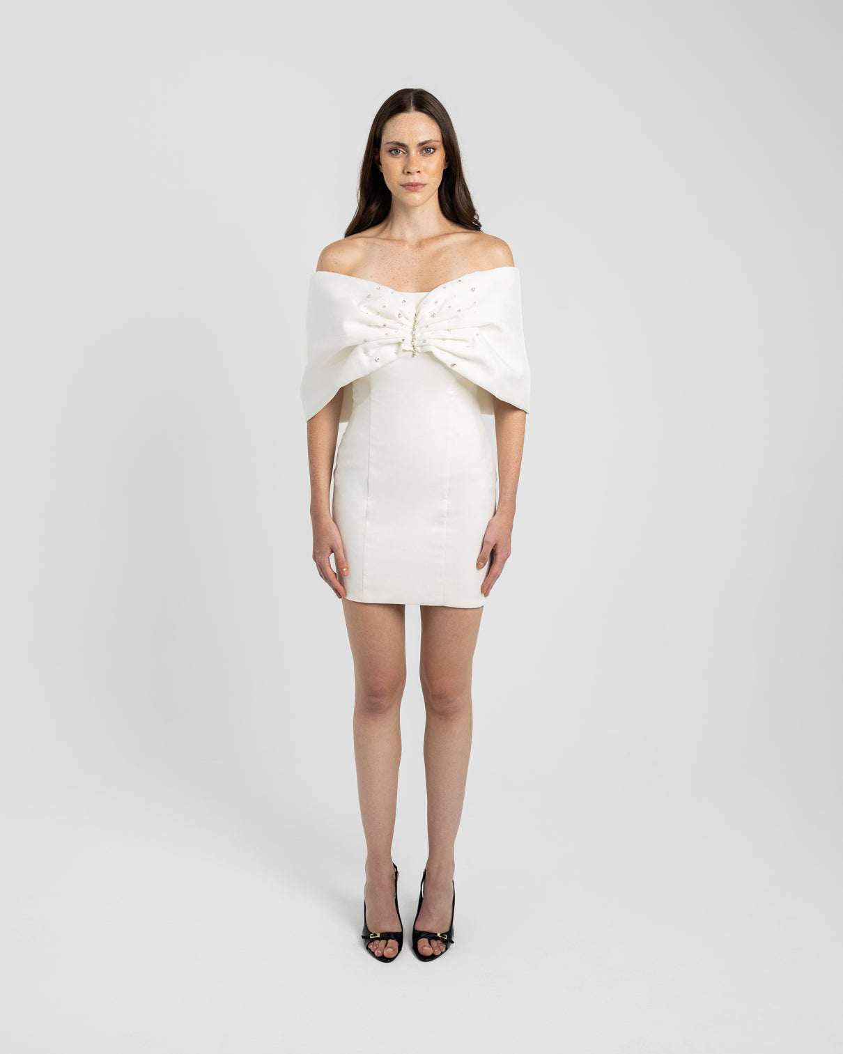 WHITE BEADED FLOUNCE DRESS