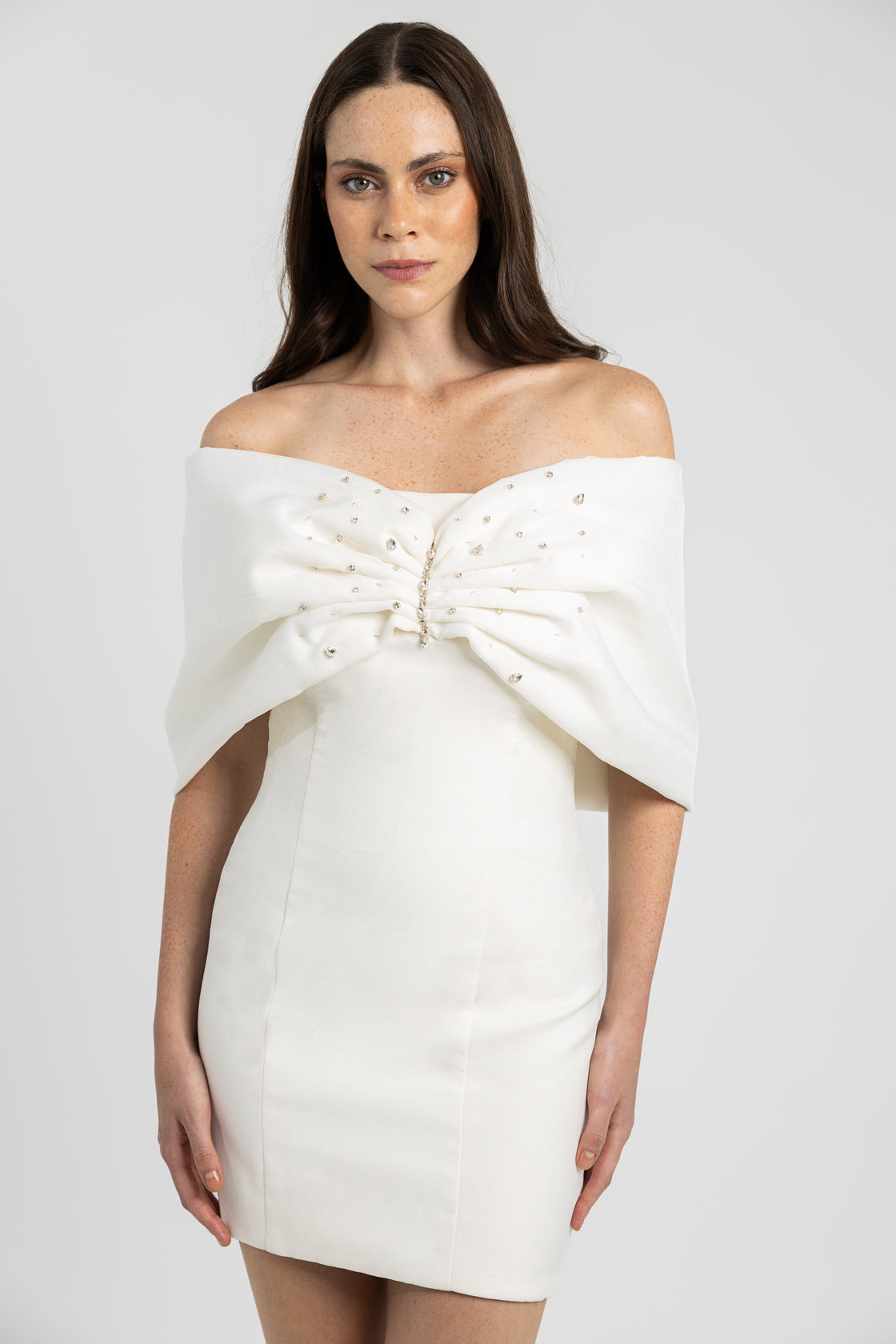 WHITE BEADED FLOUNCE DRESS